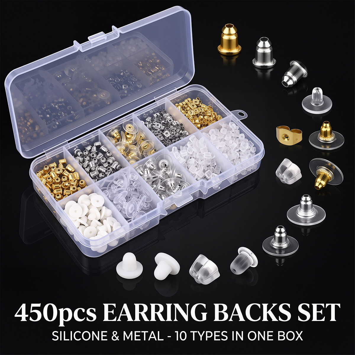 Jewelry Making Organizer Box - 450 stuks siliconen & metalen oorbelstoppers